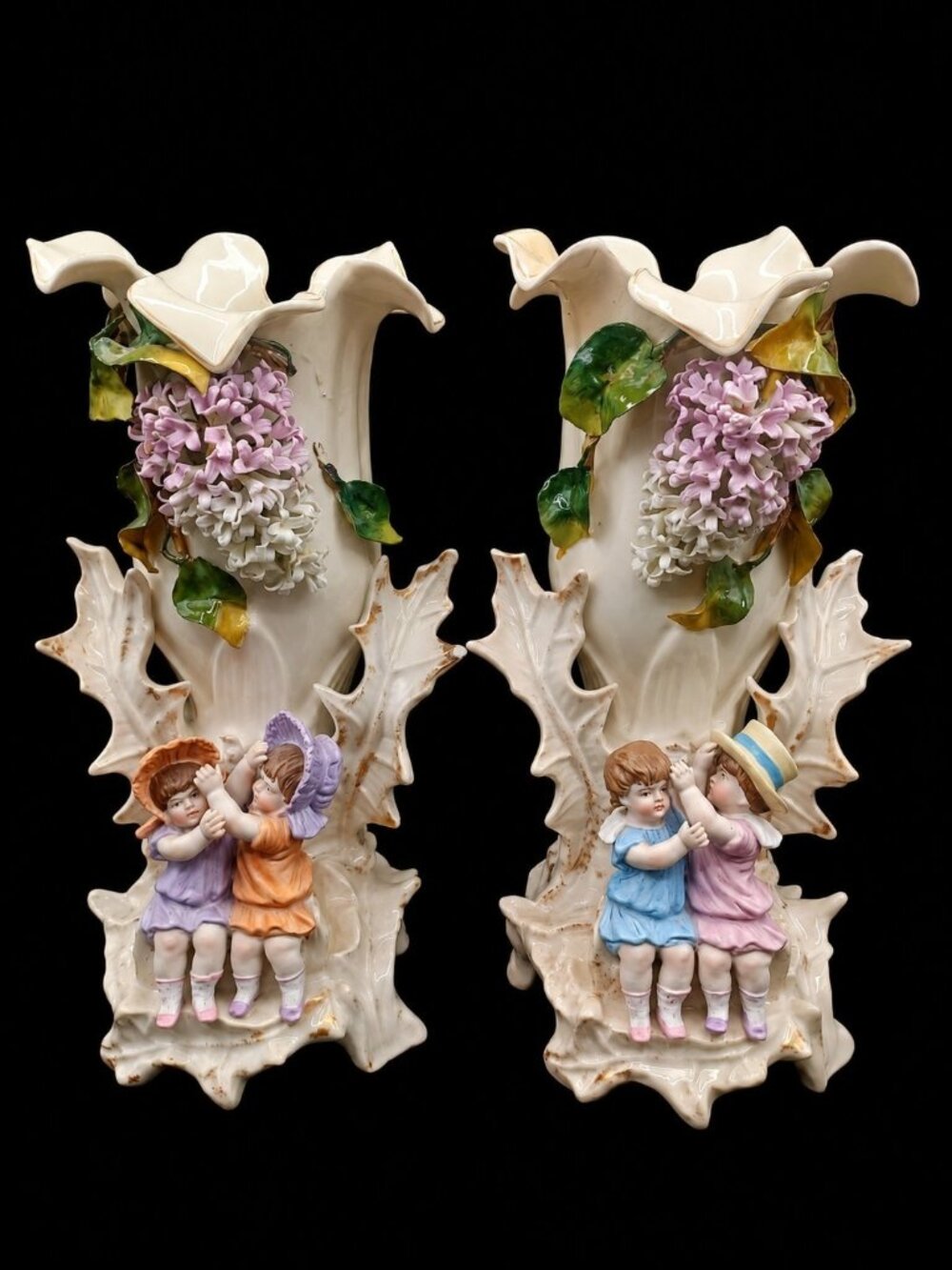 Antique Sitzendorf Pair Spill Vases 13" Porcelain Figural Children Hydrangeas